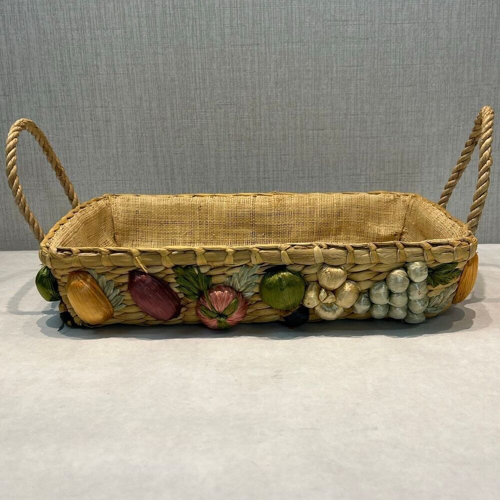 Vtg Woven Straw Lined Basket with 3D Fruit on Sides Phillipines Handmade Boho